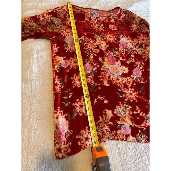 JOHNNY WAS Burnout Velvet SILK BLEND  Floral Boho Tunic Top Red Pink Roses L Lon - Picture 4 of 14